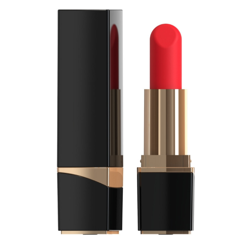 Red lipstick with black and gold packaging on a white background