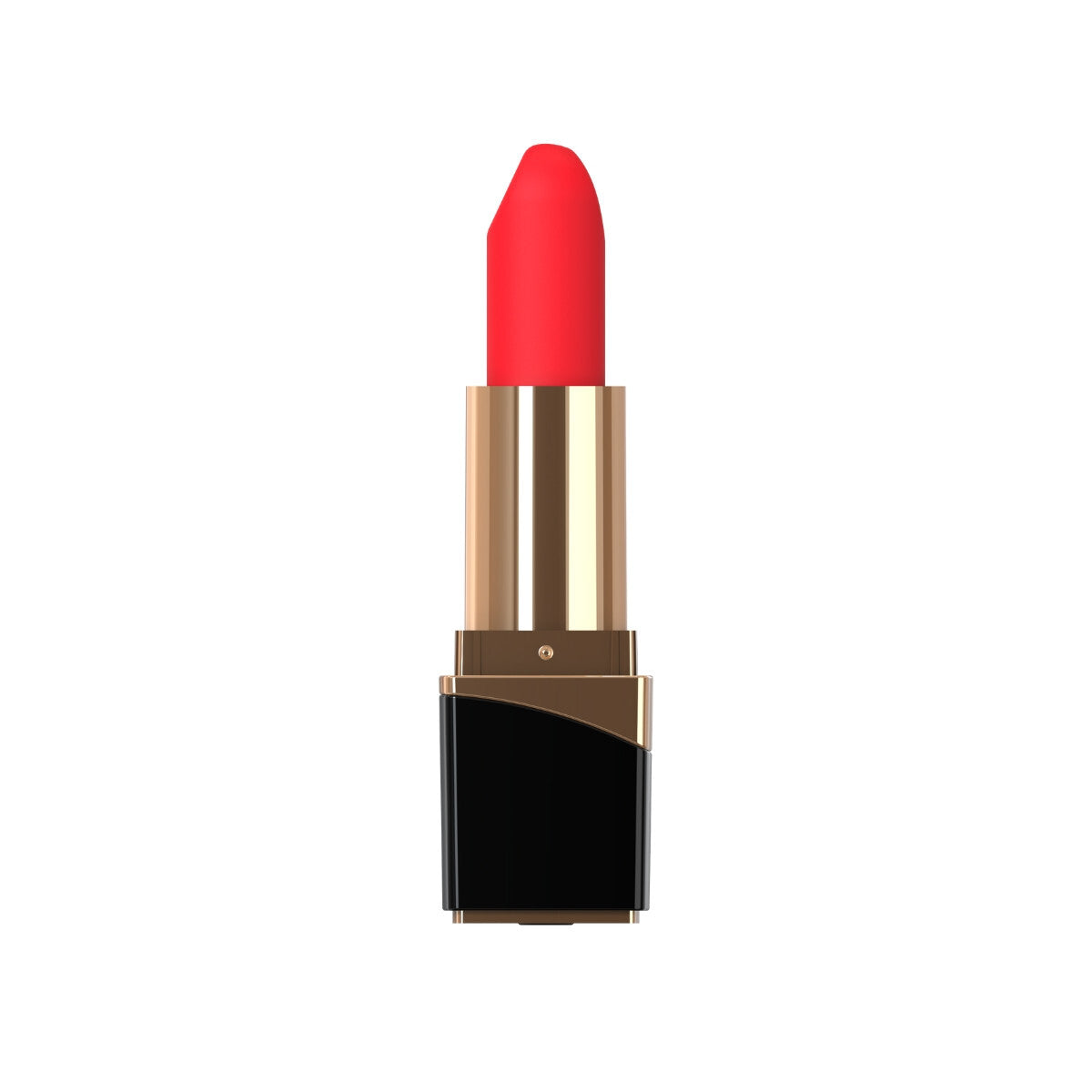 Red lipstick with a gold and black casing on a white background