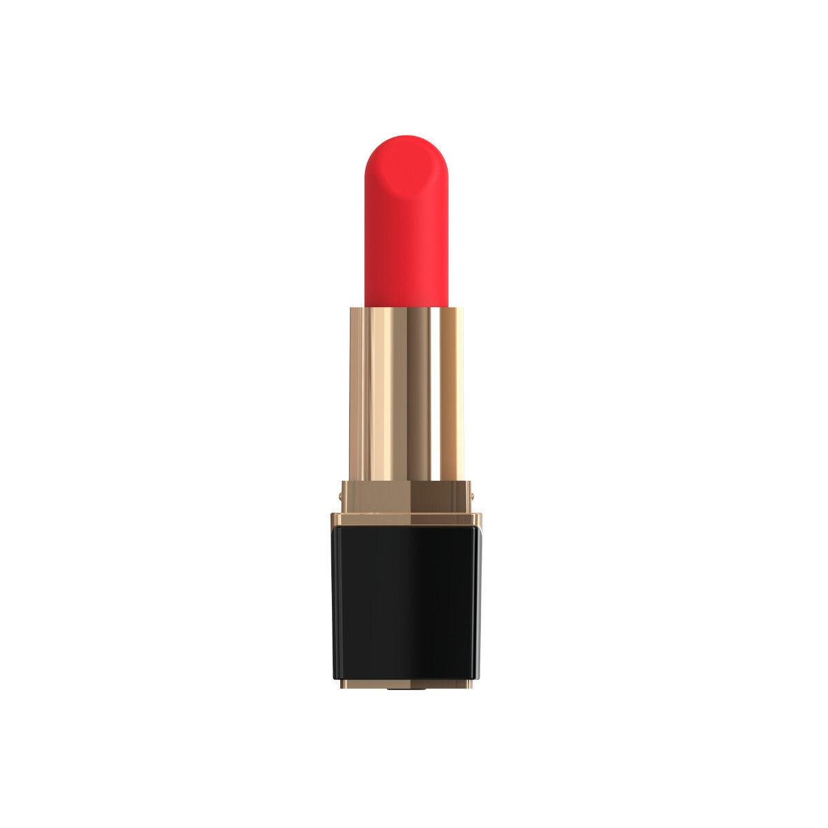 Red lipstick with gold and black casing on a white background