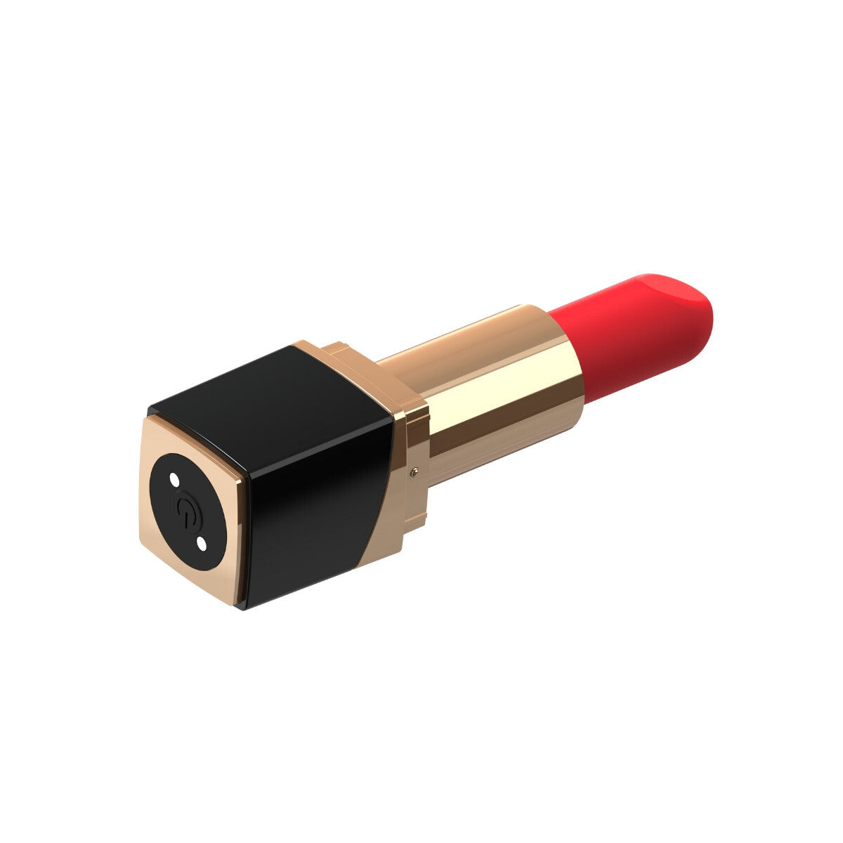 Lipstick-shaped clitoral vibrator with red cap and gold body on a white background
