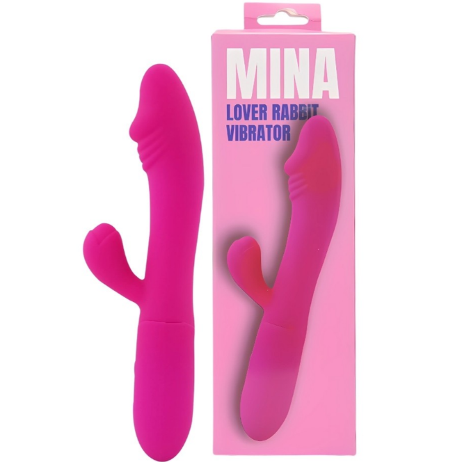 Pink rabbit-shaped vibrator with packaging labeled 'MINA LOVER RABBIT VIBRATOR' on a white background.
