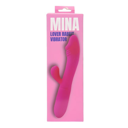 Pink 'Lover Rabbit' vibrator packaging with 'Mina' branding on a white background