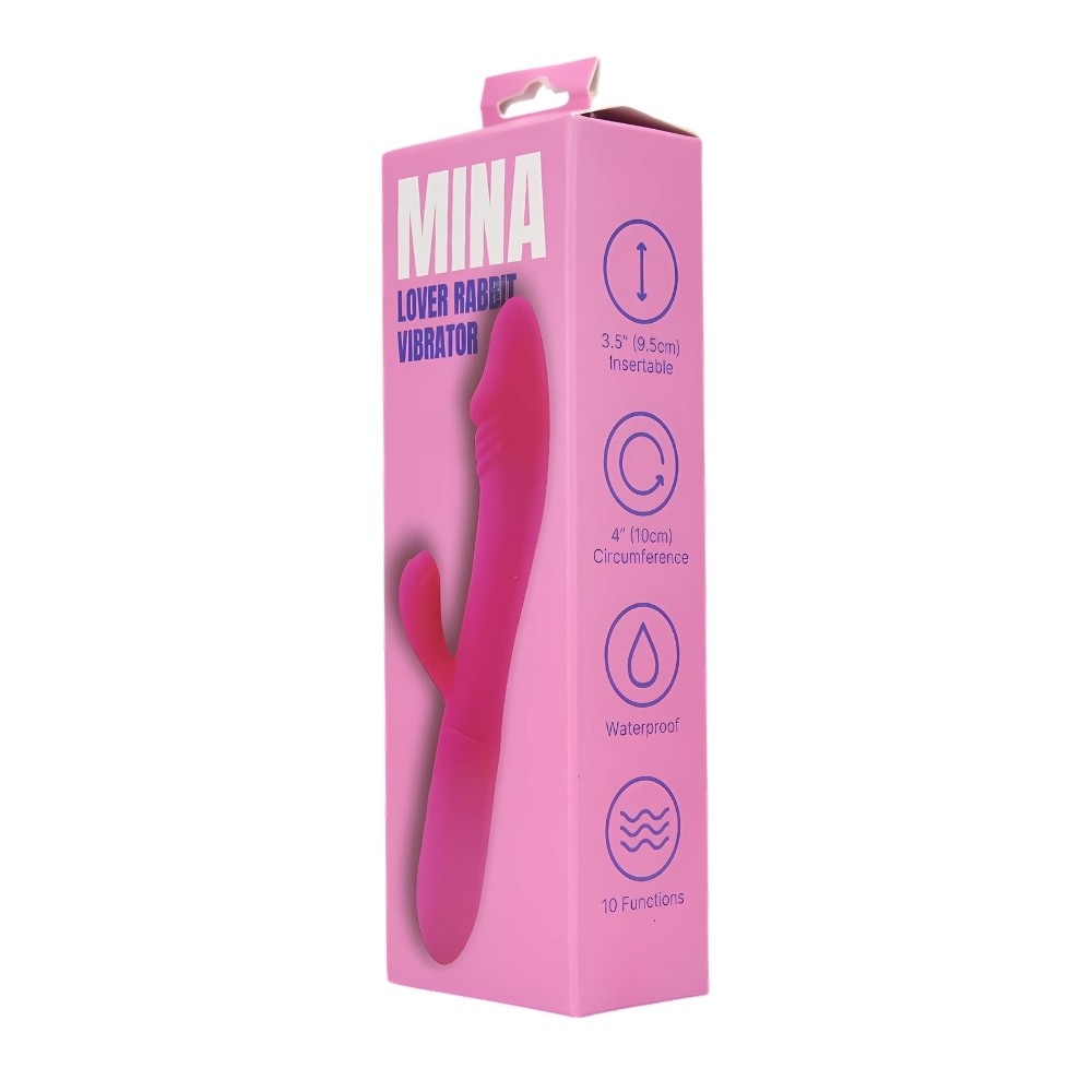 Pink packaging of a lover rabbit vibrator with Mika branding on a white background