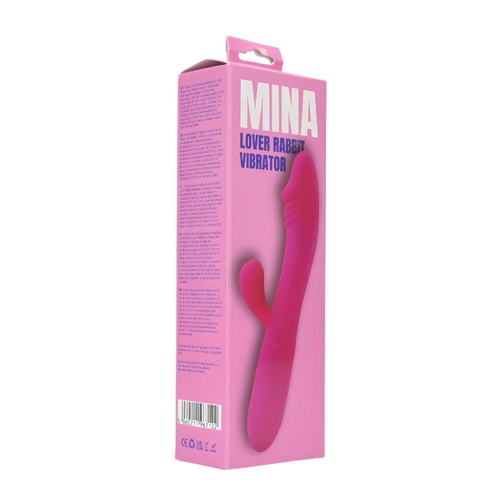 Pink 'Lover Rabbit' vibrator packaging with 'Mina' branding on a white background