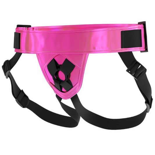 Pink strap-on harness with black straps on a white background