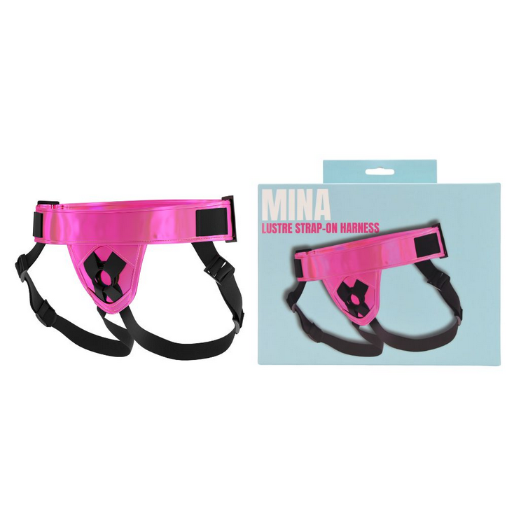 Pink strap-on harness with packaging labeled 'Mina' on a white background