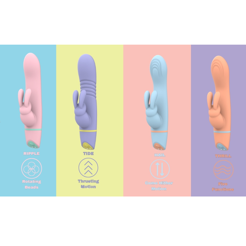 Four pastel-colored silicone sex toy rabbit vibrators with labeled functions on a colorful background