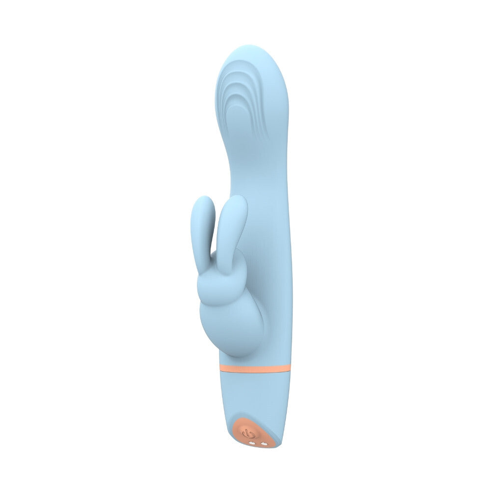 Blue silicone rabbit-shaped sex toy with a white background