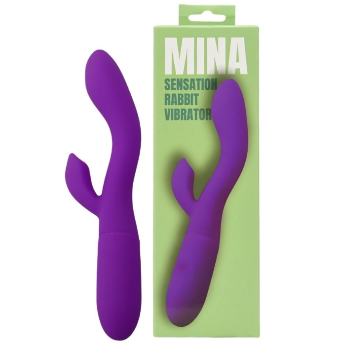 Purple rabbit vibrator with green packaging labeled 'MINA Sensation Rabbit Vibrator' on a white background.