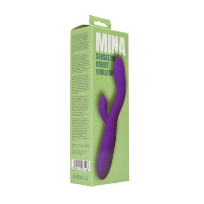 Green packaging of a purple sensation rabbit vibrator with 'Mina' branding on a white background