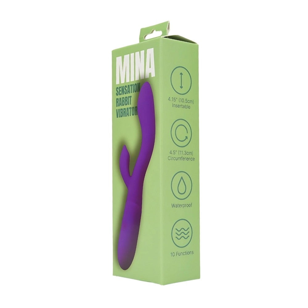 Green packaging of a purple sensation rabbit vibrator with 'Mina' branding on a white background