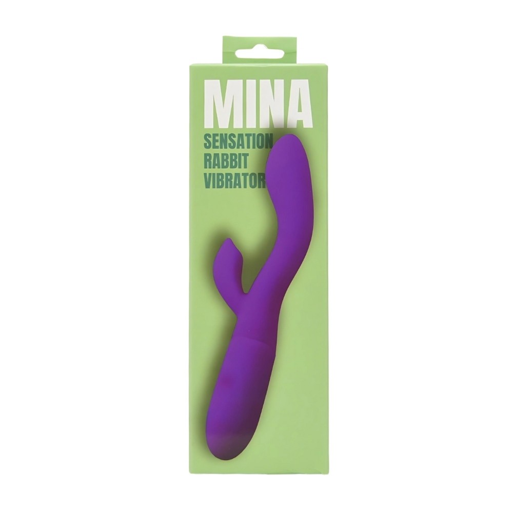 Purple sensation rabbit vibrator packaging with 'Mina' branding on a green background