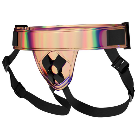 Colorful strap-on harness with black straps on a white background