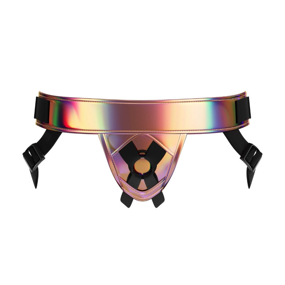 Holographic strap-on belt with black accents on a white background