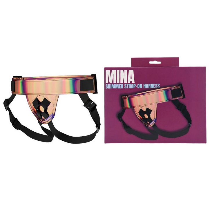 Shimmer strap-on harness with packaging labeled 'Mina' on a white background