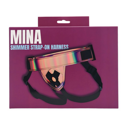 Mina Shimmer Strap-On Harness packaging on a purple background