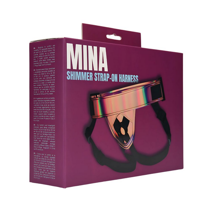 Purple packaging of Mina Shimmer Strap-On Harness with a rainbow-colored strap.