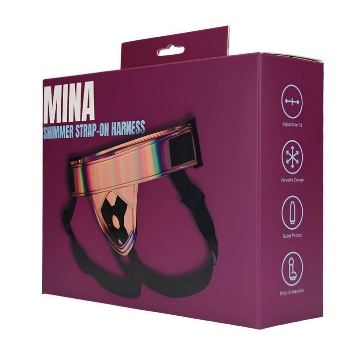 Purple packaging of Mina Shimmer Strap-On Harness with product image and features on a white background