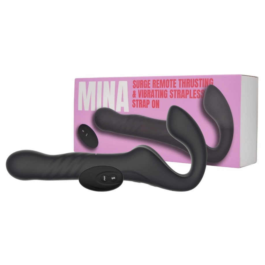 Black strap-on with remote control and packaging labeled 'Mina' on a white background