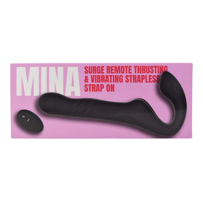 Black strapless strap-on product on a pink packaging with 'Mina' branding