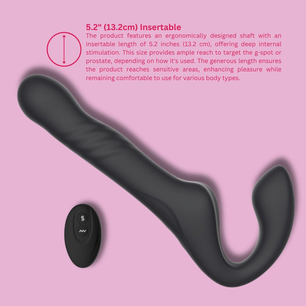 Black ergonomic strap-on with text on a pink background