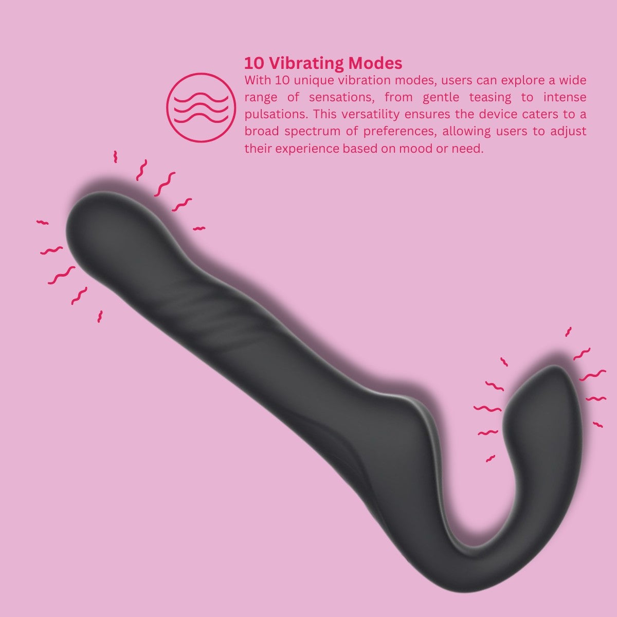 Black curved device on a pink background with text about 10 vibrating modes.