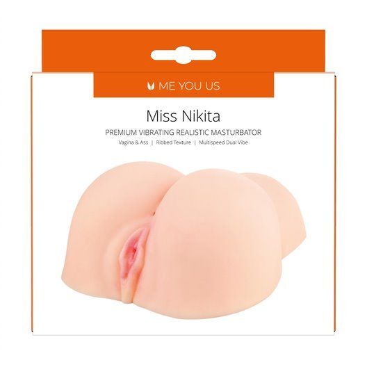 Product packaging of 'Miss Nikita' premium vibrating realistic masturbator with branding on a white background.