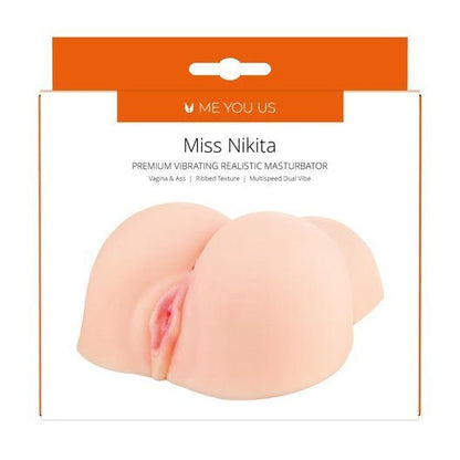 Product packaging of 'Miss Nikita' premium vibrating realistic masturbator with branding on a white background.