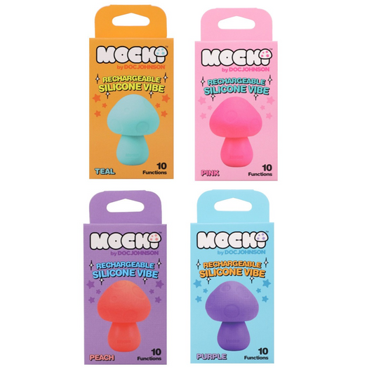 Four packages of Mochi rechargeable silicone vibes in different colors on a white background.