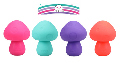 Four colorful mushroom-shaped sex toys in pink, blue, purple, and red on a white background with a brand logo above.