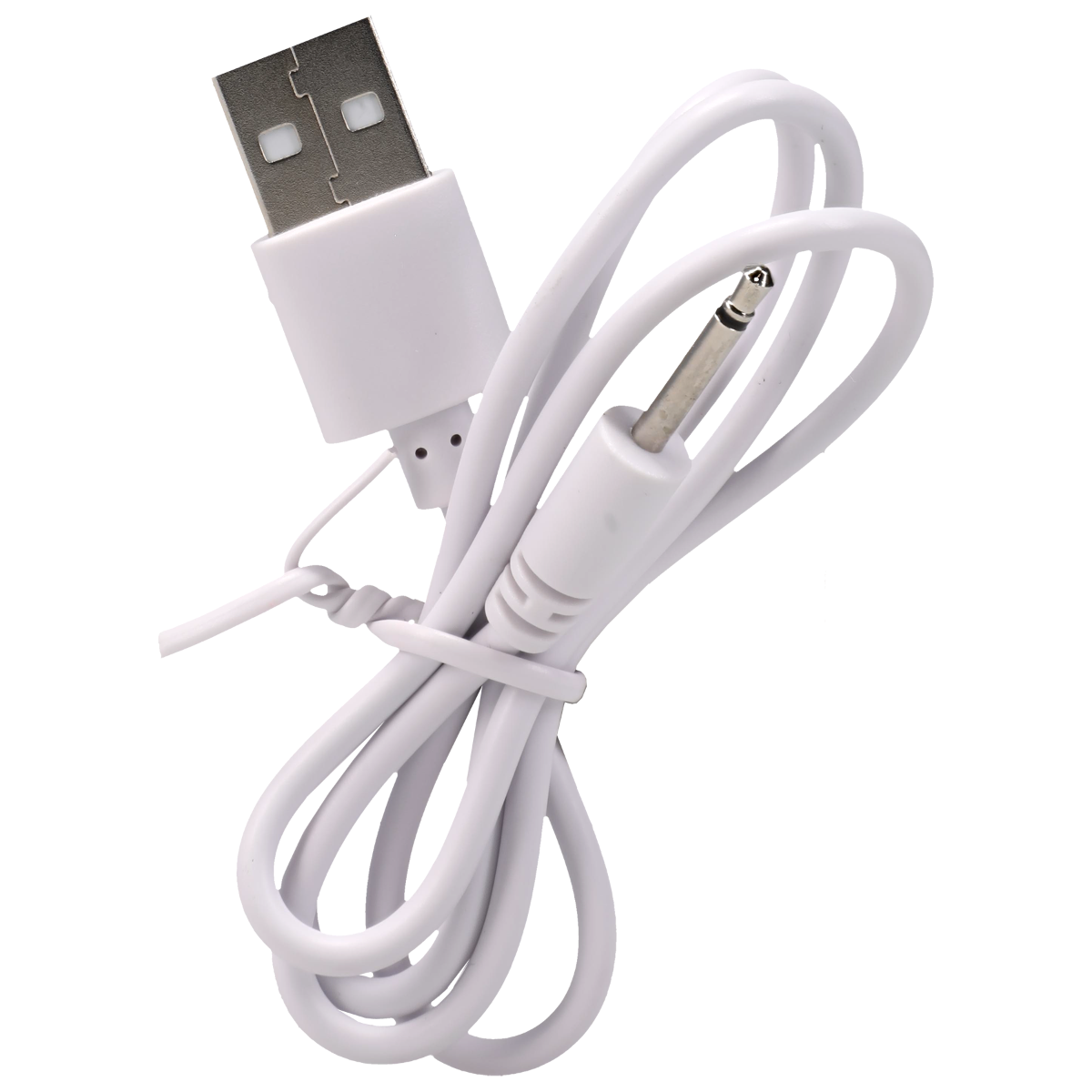 White USB cable with audio plug on a white background