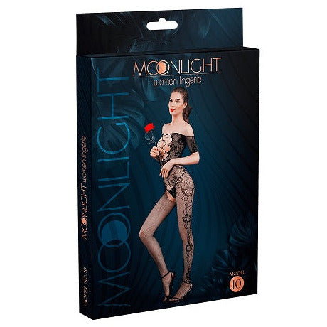 Moonlight Criss-Cross Cut-Out Crotchless Floral Bodystocking Black One Size packaging on a white background