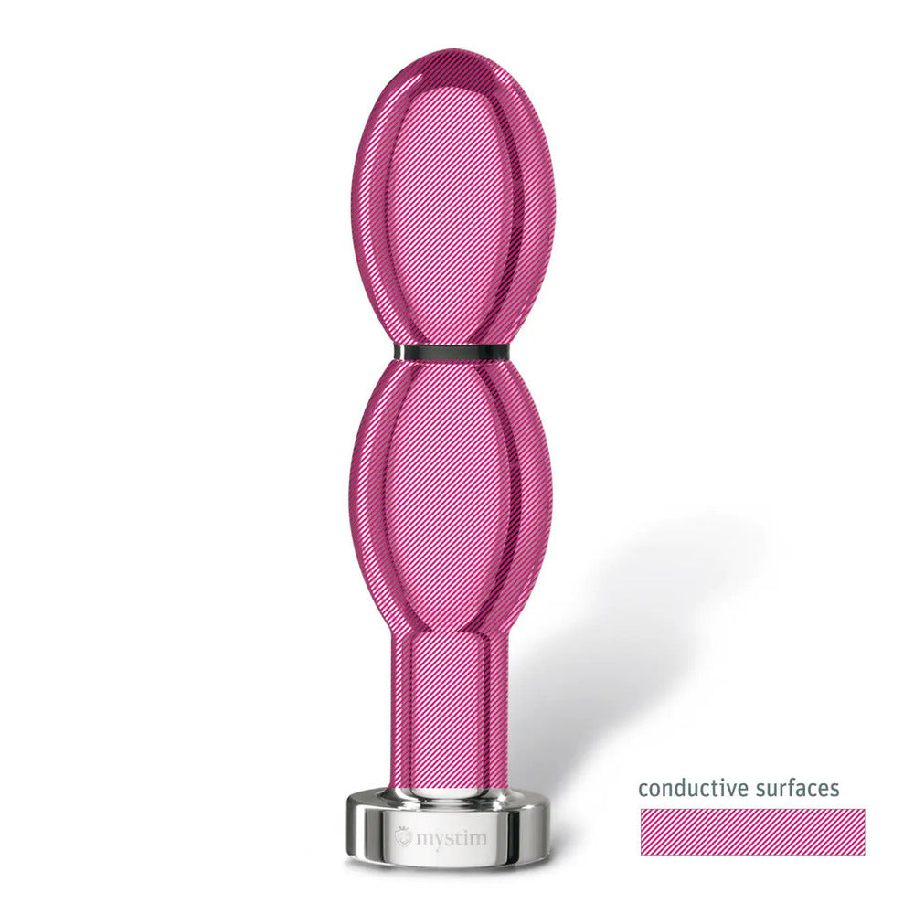 Pink and silver device with 'mystim' branding on a white background