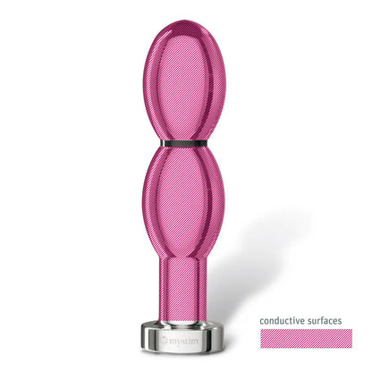 Pink and silver device with 'mystim' branding on a white background