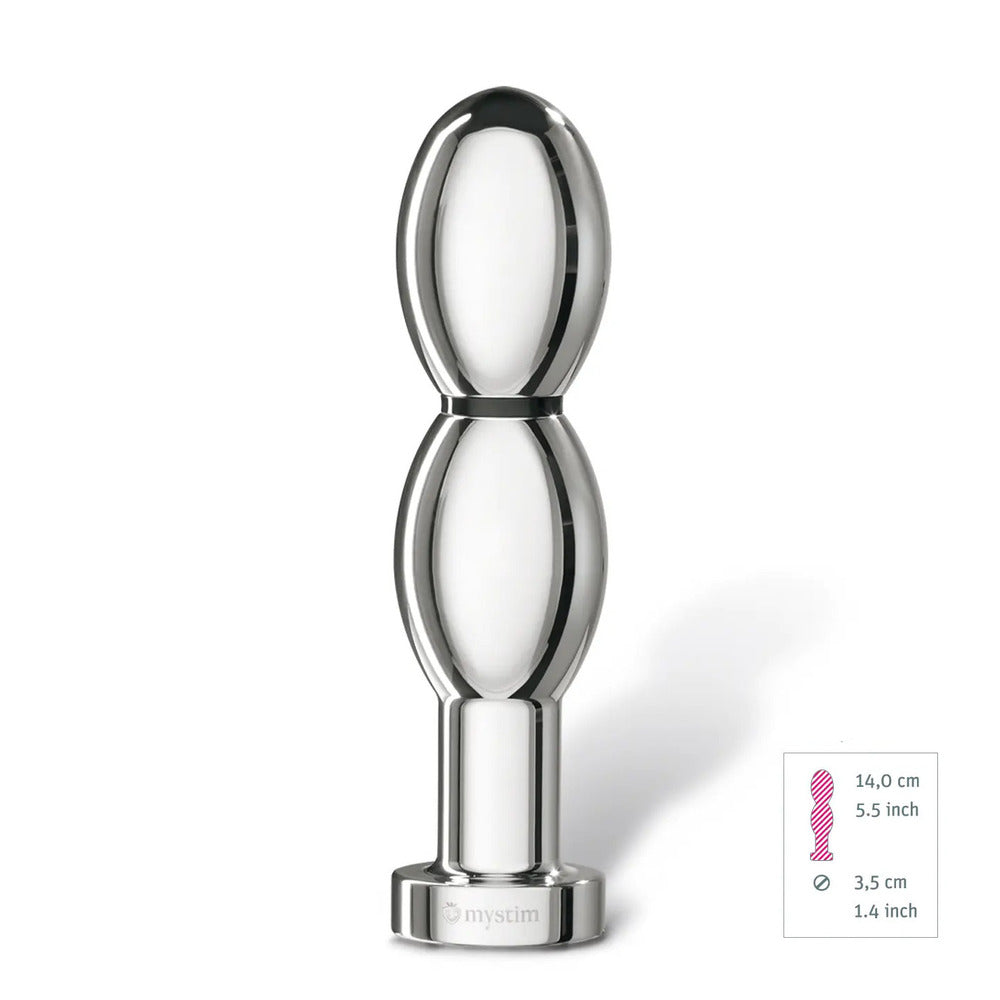 Metallic electrosex anal plug on a white background with measurement details.