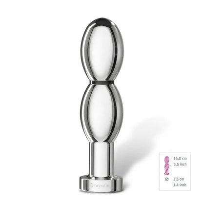 Metallic electrosex anal plug on a white background with measurement details.