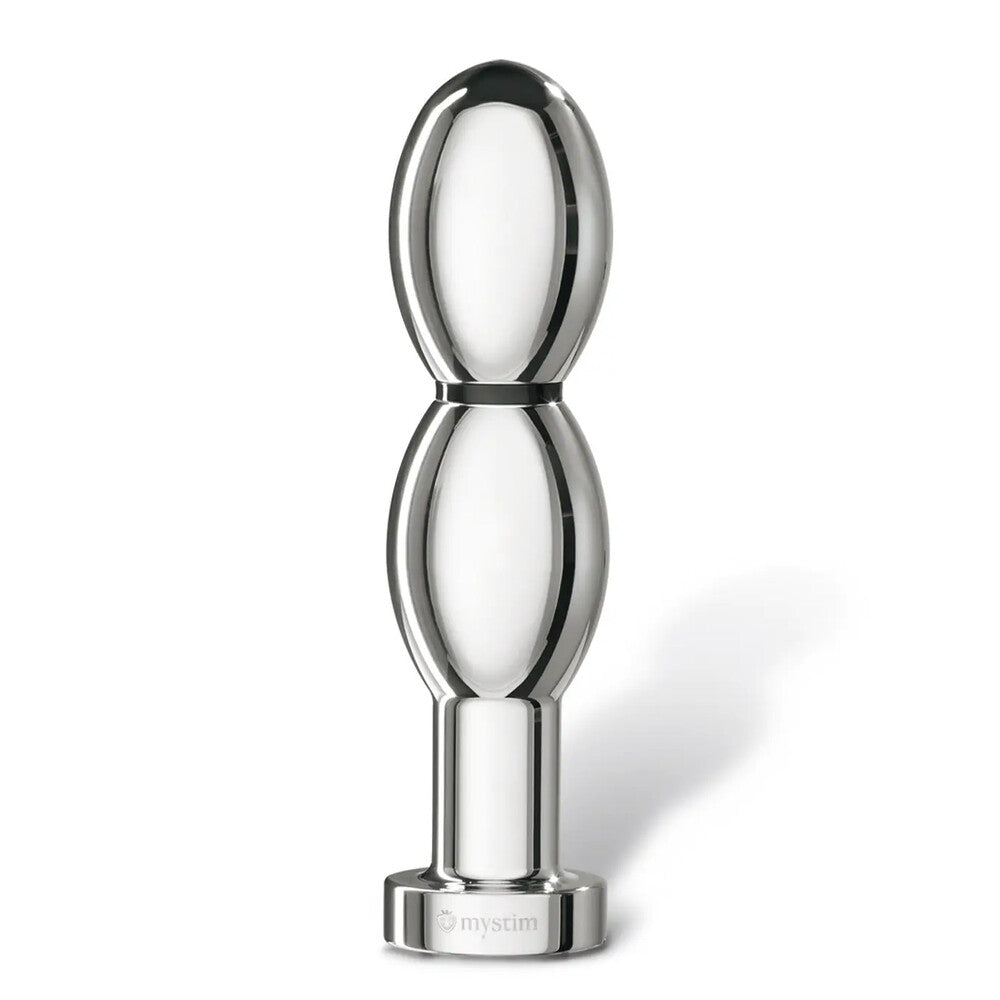 Metallic object with 'mystim' branding on a white background