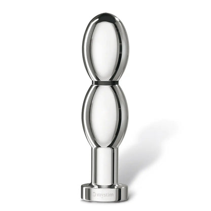Metallic object with 'mystim' branding on a white background