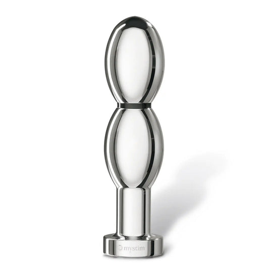 Metallic object with 'mystim' branding on a white background