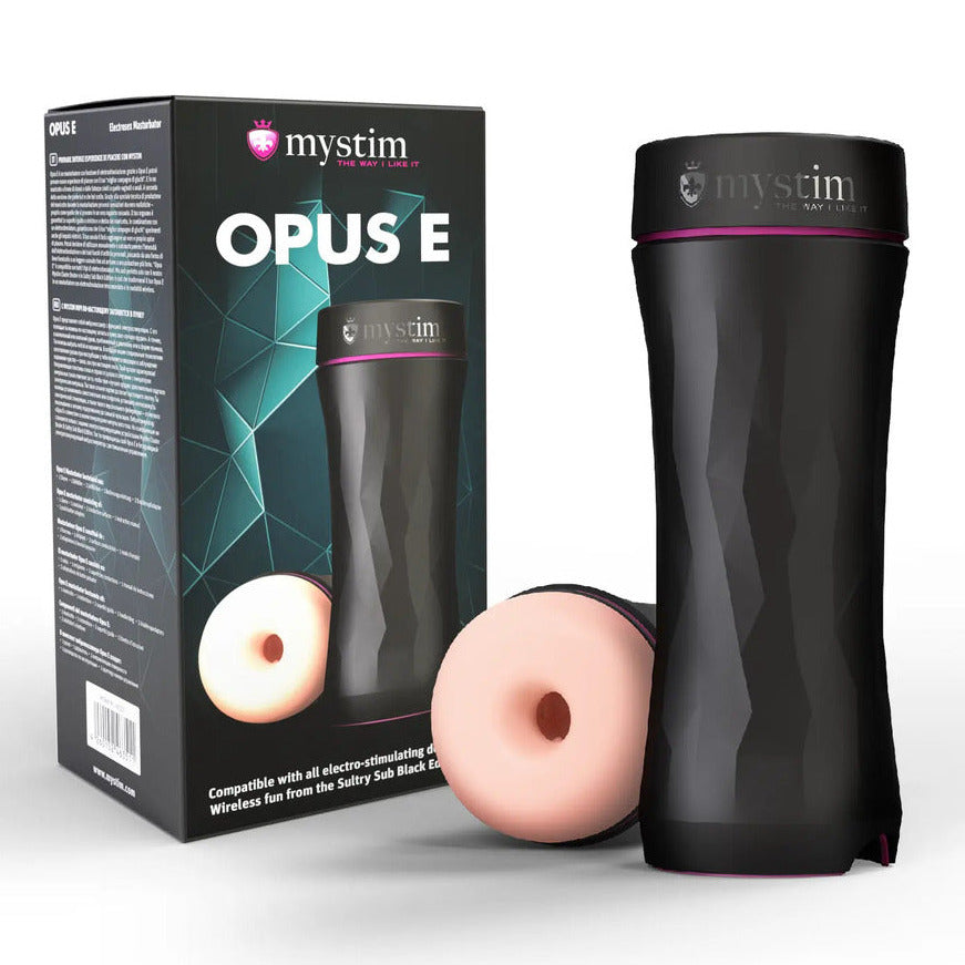 Mystim Opus E Donut Male Masturbator Electrosex Stimulation Stroker packaging on a white background