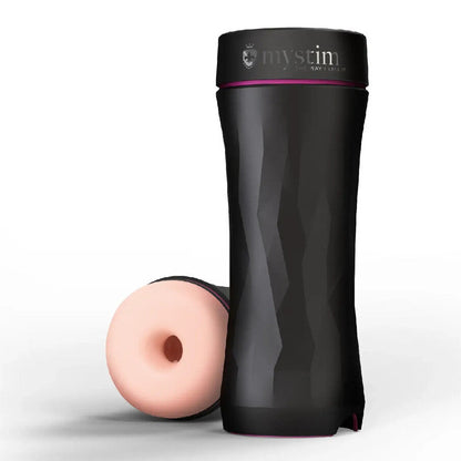 Black cylindrical masturbator container with pink object on a white background