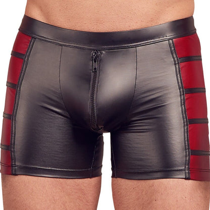 Black and red striped boxer briefs on a white background