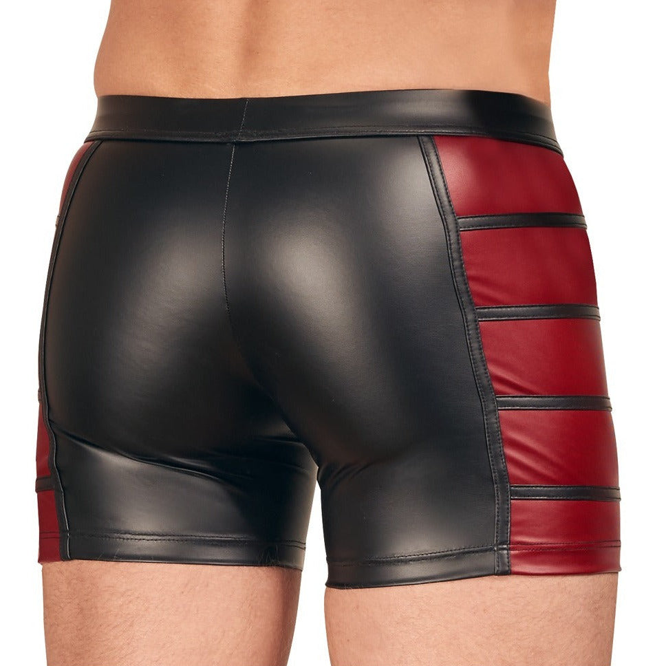 Black and red leather shorts on a white background
