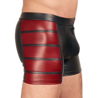 Black and red leather shorts on a white background