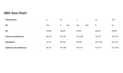 NEK size chart for international measurements on a light gray background