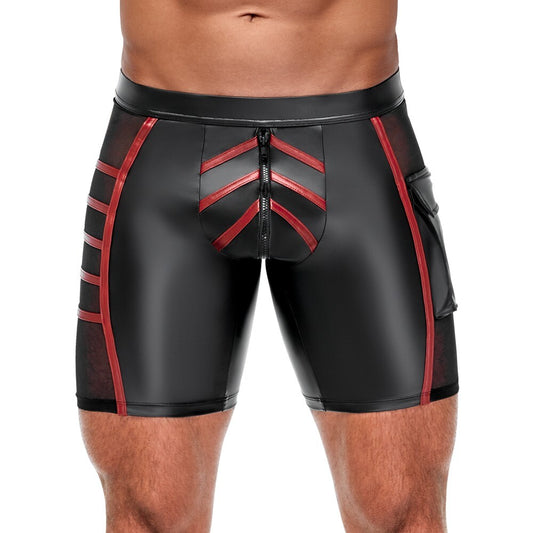 Black athletic shorts with red accents on a white background