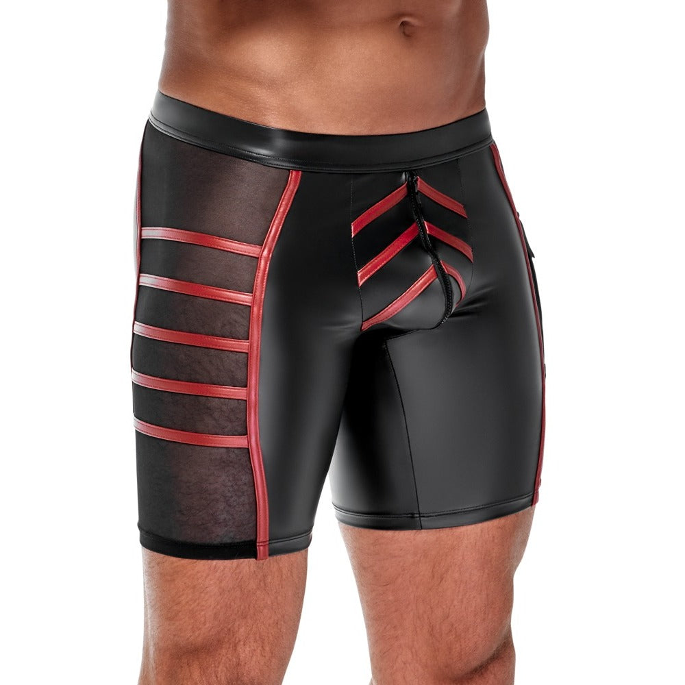 Black athletic shorts with red accents on a white background