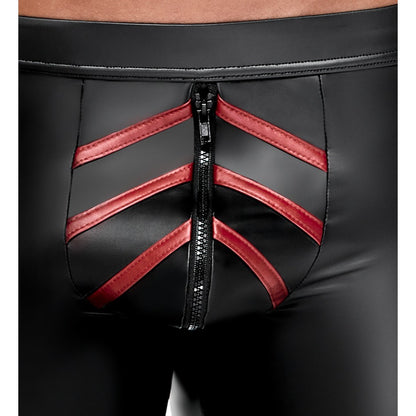 Black leather pants with red accents and a zipper detail.