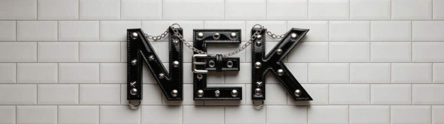 Leather 'NEK' letters on a tiled wall background