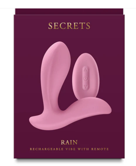 Pink rechargeable vibe with remote on a purple packaging box labeled 'Secrets Rain'.